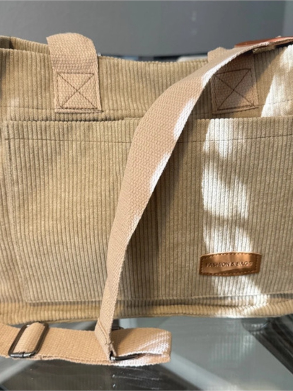Neutral Corduroy Tote Bag with Adjustable Strap